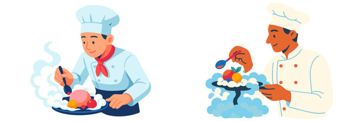 Chefs preparing exquisite desserts in a vibrant kitchen during a bustling culinary event