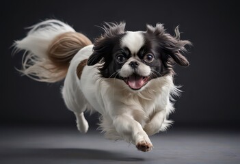 japanese chin dog isolated on grey neutral studio background, adorable puppy, lovely dog fluffy 9