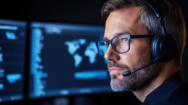 A professional individual wearing a headset, intensely focused on screens displaying geographic and data interfaces in a high-tech office setting.