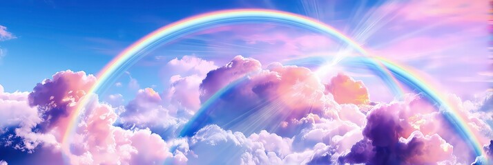 Vibrant rainbow arching across cloudy sky with sun rays and illuminated clouds symbolizing hope, nature beauty, and weather phenomena