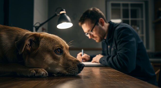 Loyal canine companion rests patiently beside its owner, engrossed in late-night work under a desk lamp's warm glow.