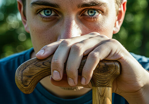 Young man with blue eyes holds a wooden walking stick, looking directly at the camera. Focus on his face and hand.