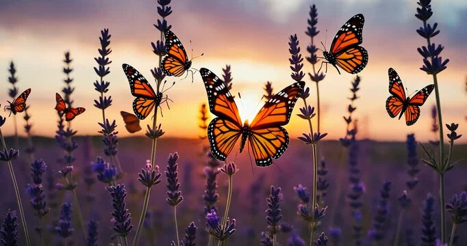 Monarch butterflies flit amongst lavender at sunset
