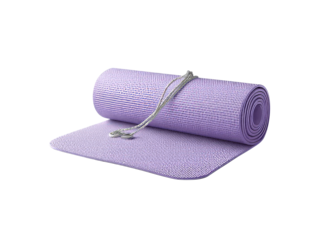 Rolled purple yoga mat with carry strap fitness exercise workout, Isolated On Transparent Background, Png Cut Out