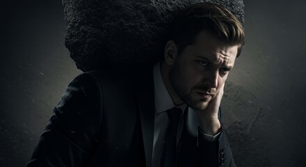 Weary businessman burdened by a heavy weight, his pensive expression reflecting stress and exhaustion.
