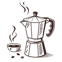 coffee cup and coffee pot isolated white