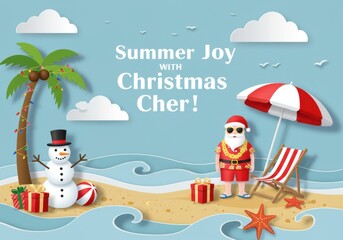 Summer joy with christmas characters on a tropical beach illustration