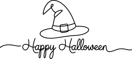 Witch hat with happy Halloween text. One line drawing.