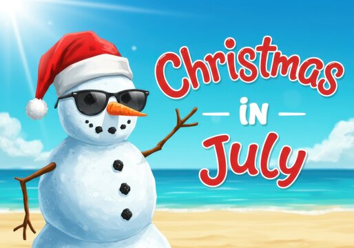 A snowman wearing sunglasses celebrating christmas in july on the beach