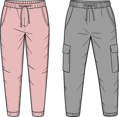  Men and women jogger pants vector template, front view, casual fashion design, technical flat sketch, modern sweatpants illustration

 flat vector illustration