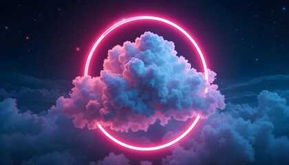 3d render, abstract cloud illuminated with neon light ring on dark night sky. Glowing geometric shape, round frame