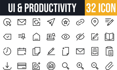 UI & Productivity Icon Set. Email, Edit, Search, Pin, Location, Calendar, Document & File Actions icon set.