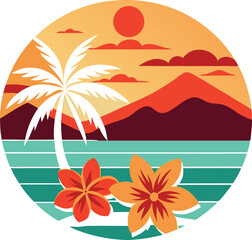Stylized tropical island sunset with palm tree ocean and flowers isolated on transparent background