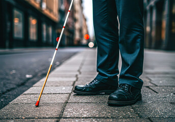 Fototapeta premium Man standing with a white cane on a city sidewalk. Concept of visual impairment and accessibility support.