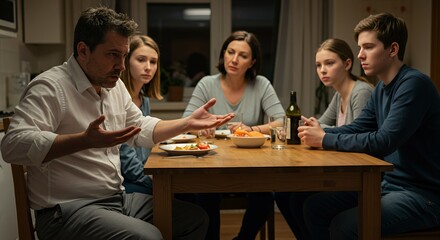 Family dinner turns tense as a father addresses his children and wife, creating a palpable atmosphere of conflict and unspoken emotions.