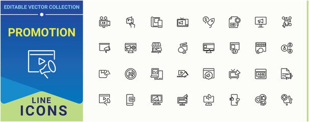 Promotion icon set. Contains such symbols as ads, marketing, market, business, campaign and more. Ads vector line icon set. Line icons with editable stroke. Vector illustration.