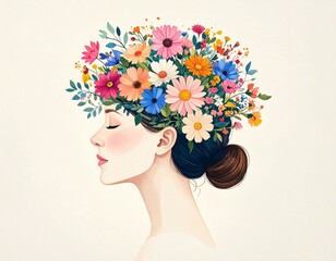Floral Head Woman &ndash; Growth and Mindfulness Concept in Colorful Illustration