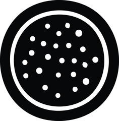 A black circular icon with a white outline and scattered white dots representing a cookie or a patterned surface