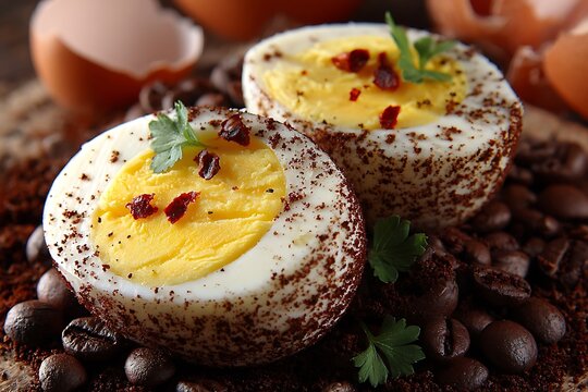 Chic halved eggs on coffee grounds eggshells closeup  
