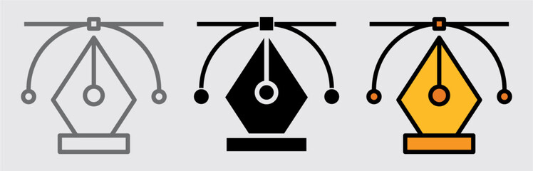 Set of Vector Pen Tool Icons in Outline, Solid, and Color Styles for Graphic Design and Path Editing Interfaces
