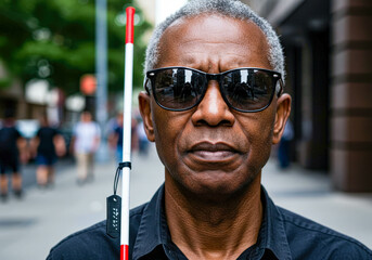 Close up portrait of an older african american man with a white cane and braille tag. Disability support concept.