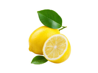 Fresh lemons with leaves isolated on black background, Isolated On Transparent Background, Png Cut Out