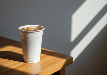 A close-up view of a refreshing iced coffee beverage in a clear plastic cup with ice cubes.