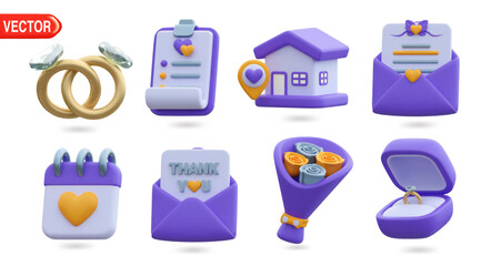 colorful 3D icon set featuring wedding and love-related items, including rings, house, letter, bouquet, and more. These 3D illustrations represent icons for wedding, anniversary, and love themes.
