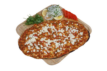 Cheese Lahmacun – Traditional Turkish Pizza with Kasar Cheese Isolated on White Background