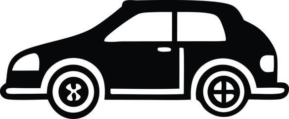 Simple black silhouette of a modern hatchback car viewed from the side with white accents