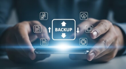 Data Backup Strategy: Man Holding Smartphone with Backup Icon & Cloud Storage Options for Secure Digital Information Management