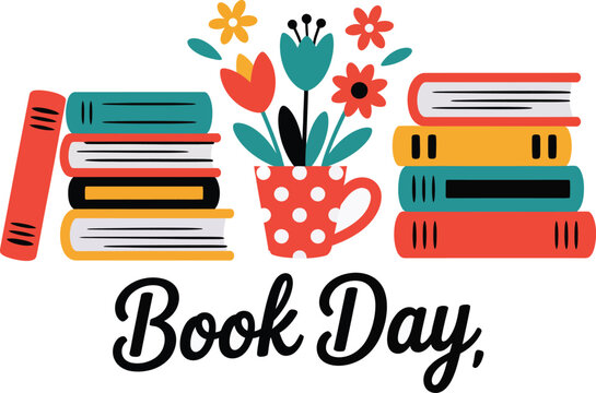 Festive World Book Day Illustration with Open Book and Floral Wreath Celebrating Reading and Literature with Colorful Flowers and Elegant Design on White Background