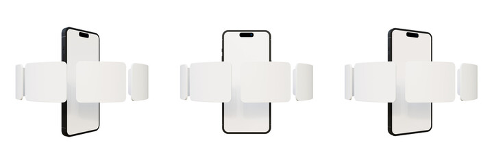 Set of blank screen smartphone and empty screens mockup isolated on background. Blank screen phone and blank cards mock up. Mobile app mockup template. Application screens on smartphone.