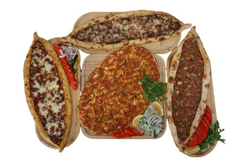 Traditional Turkish Pides and Lahmacun – Minced Meat Flatbreads Isolated on White Background