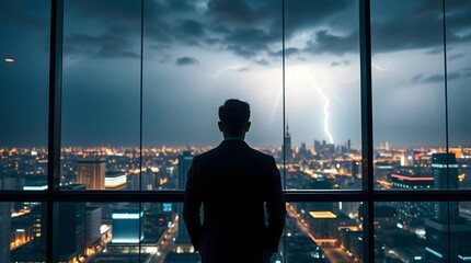 Businessman looking at city skyline at night with lightning storm business success concept