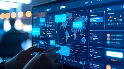 Hands type at glowing computer screen filled with digital maps and data visualizations - Powered by Adobe