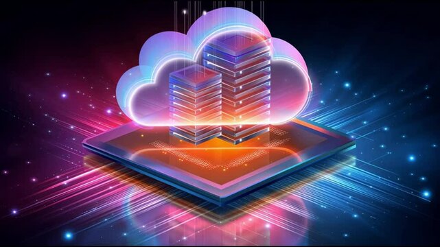 Vibrant Digital Illustration of Cloud Computing Technology Featuring Glowing Cloud, Server Stacks, Microchip, Dynamic Neon Lights, Futuristic Data Transfer and Advanced Technology Concept