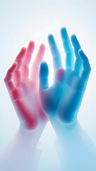 Abstract representation of two translucent human hands one glowing red and the other blue reaching towards each other