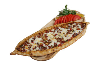 Traditional Turkish Pide with Cubed Meat and Kasar Cheese – Isolated on White Background