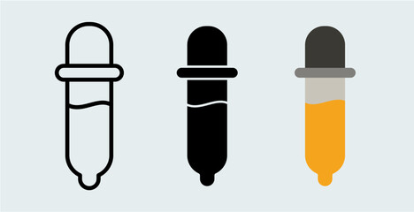 Vector Set of Eyedropper Tool Icons in Outline, Solid, and Color Versions for Color Sampling and Design Applications