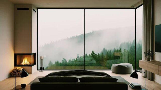 Cozy Modern Bedroom with Fireplace and Misty Forest View Creates a Relaxing Virtual Background Loop.