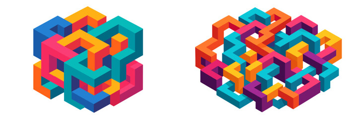 Colorful geometric patterns intertwining in a dynamic arrangement showcasing vibrant hues and intricate designs