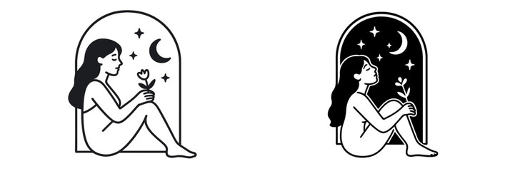 Women sitting in arches with flowers, representing day and night in a minimalist design