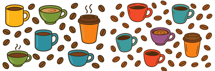 Colorful coffee cups surrounded by coffee beans in a vibrant pattern showcasing various drink styles