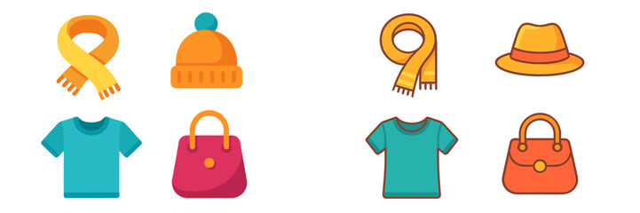Colorful winter and summer accessories displayed on a white background showcasing hats, scarves, and bags for seasonal fashion