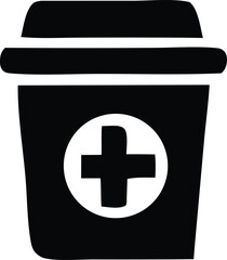 Obraz premium Simple black icon of a coffee cup with a white circle containing a black cross symbol on its side