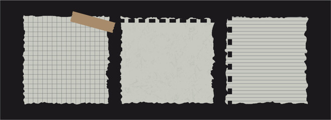 Collection of Torn Notebook Pages with Grid, Plain, and Lined Designs – Vector Paper Elements for Notes or Scrapbooks