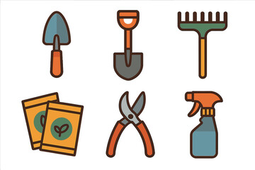 Gardening tools displayed on a white background with essential gardening supplies for planting and maintenance