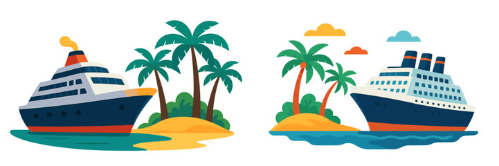 Colorful cruise ships anchored near tropical islands with palm trees and sunny skies © Alan