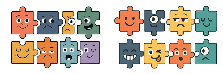 Different expressions displayed on puzzle pieces in a colorful layout showcasing emotions and reactions